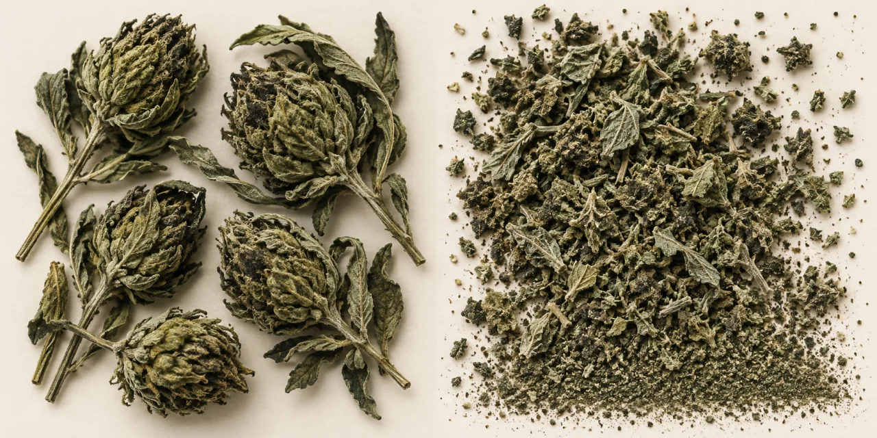 Confronto ravvicinato tra capolini interi con le foglie e lo stesso tipo di materia in taglio fine, con polvere
