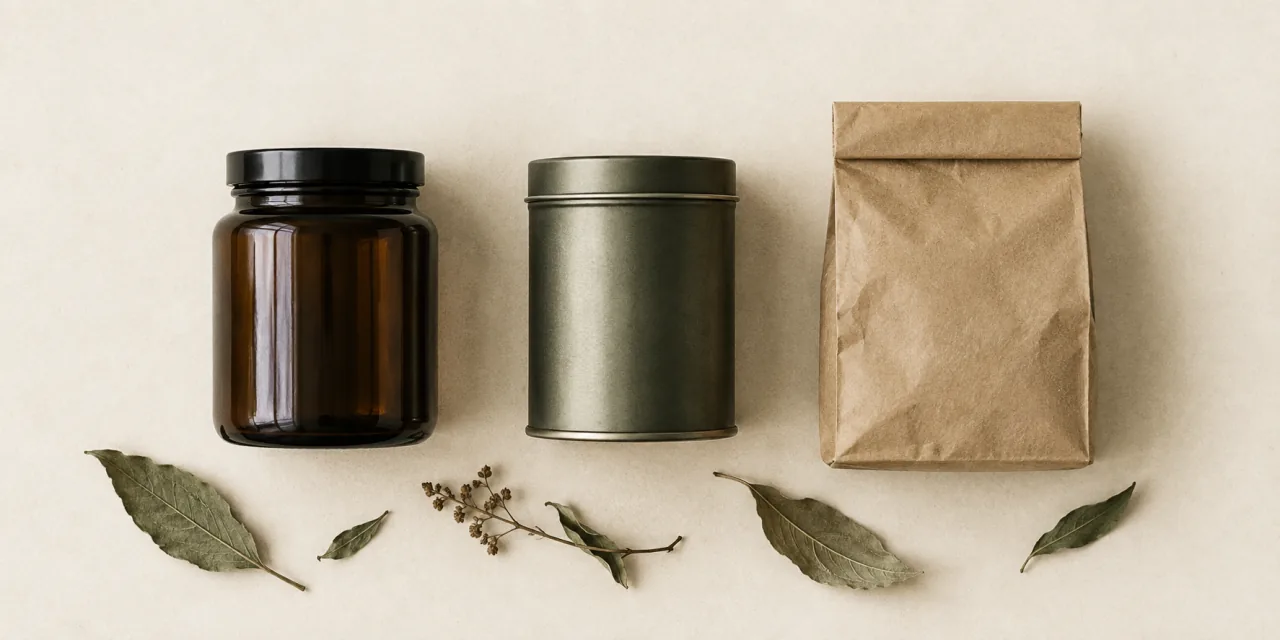 Tre contenitori chiusi per la conservazione: barattolo di vetro scuro, latta e sacchetto di carta kraft, con foglie essiccate davanti