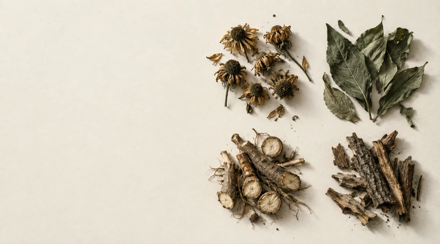 Fiori, foglie, radici e cortecce essiccate disposte in quattro gruppi distinti su carta chiara
