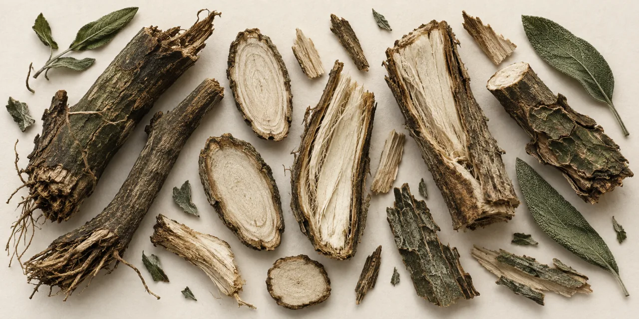 Radici e cortecce essiccate tagliate, diverse spezzate in modo da mostrare la sezione interna chiara e fibrosa