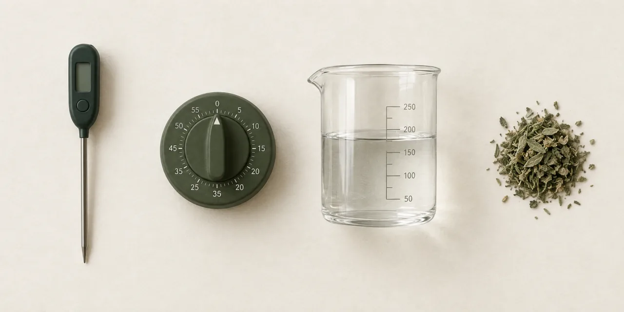 Termometro a sonda, timer meccanico, beuta graduata con acqua e un piccolo mucchio di erbe essiccate, allineati su carta
