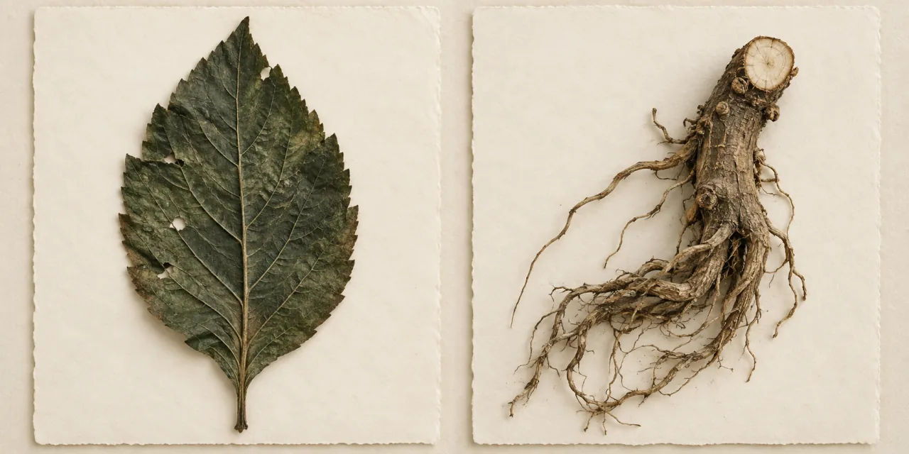 Una foglia essiccata e una radice legnosa essiccata, ciascuna posata su un foglio di carta distinto