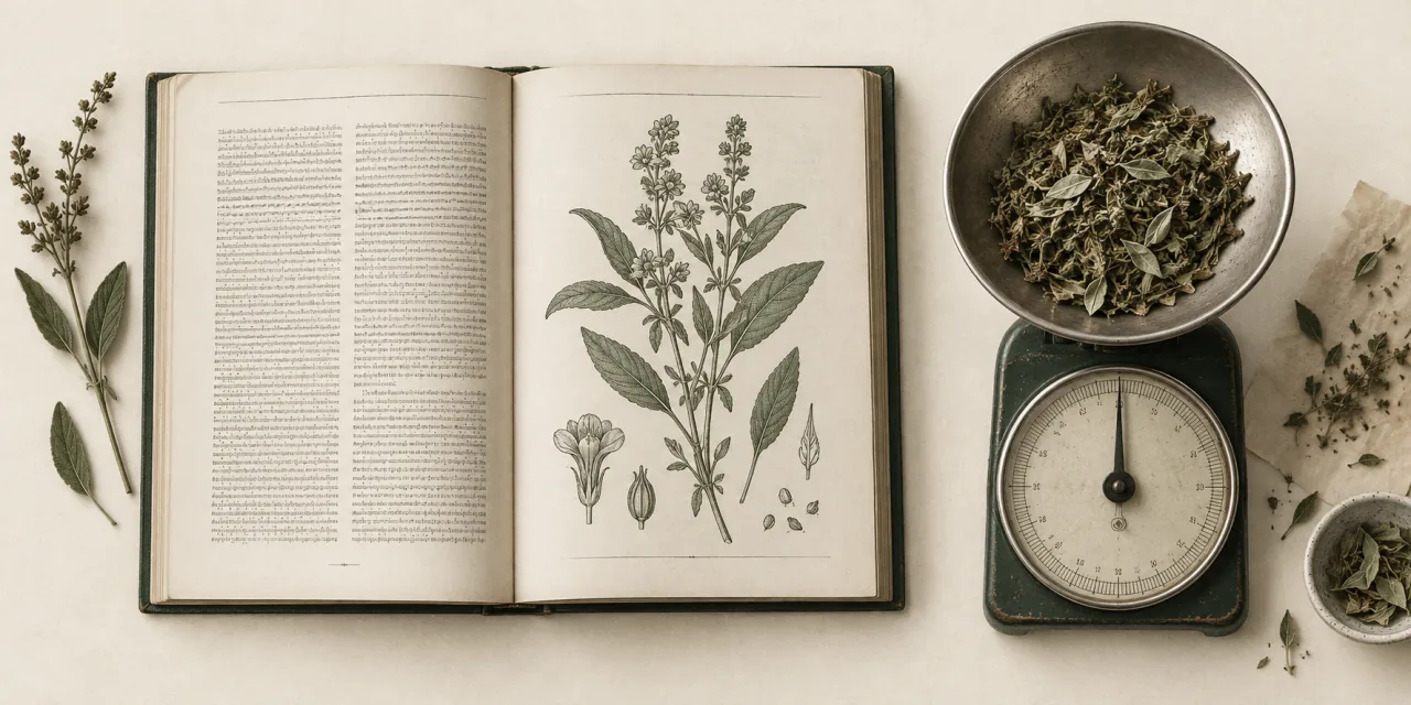 Monografia botanica stampata e aperta, con incisione della pianta, accanto a una bilancia a quadrante che pesa erbe essiccate