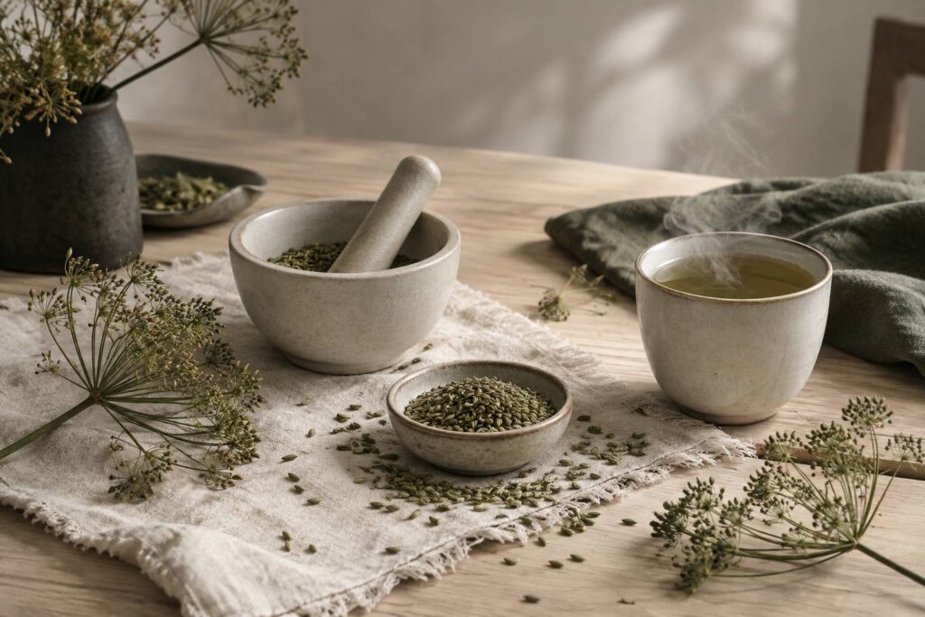 Table avec graines d'anis vert séchées, mortier en céramique et infusion