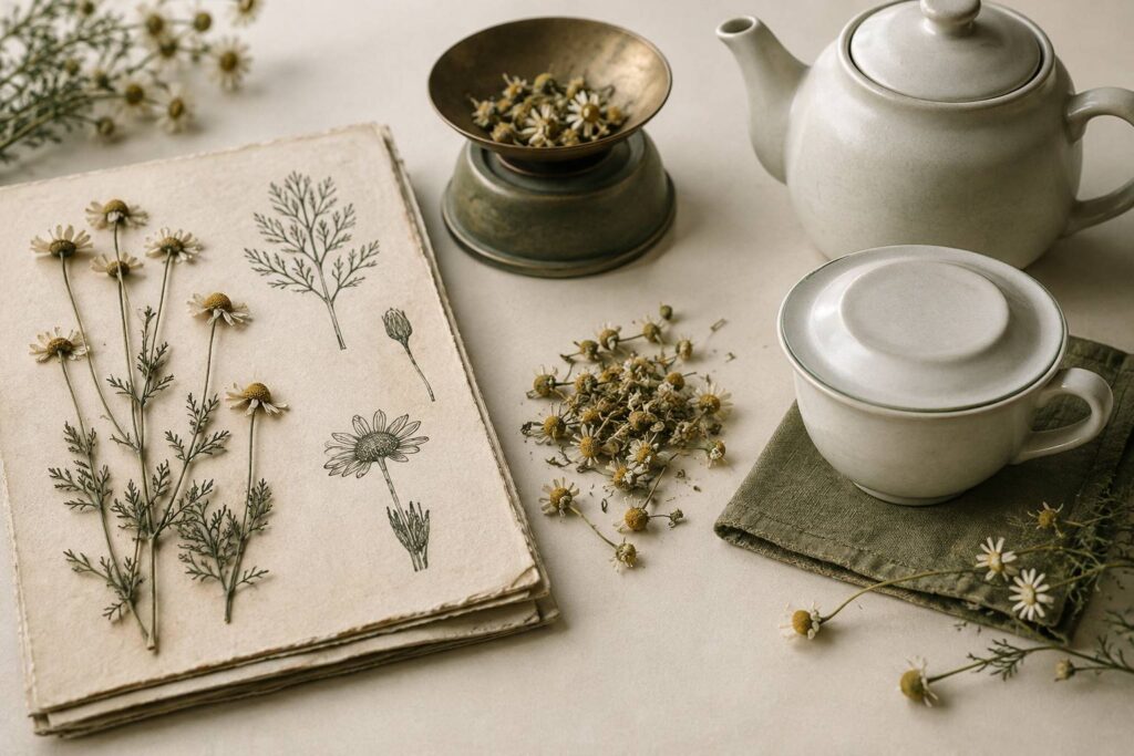 Illustration éditoriale du sujet : Camomilla: fiori interi, infusione e dose per tazza