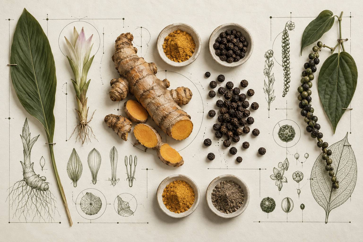 Illustration éditoriale du sujet : Curcuma e piperina: perché la dose è dichiarata così