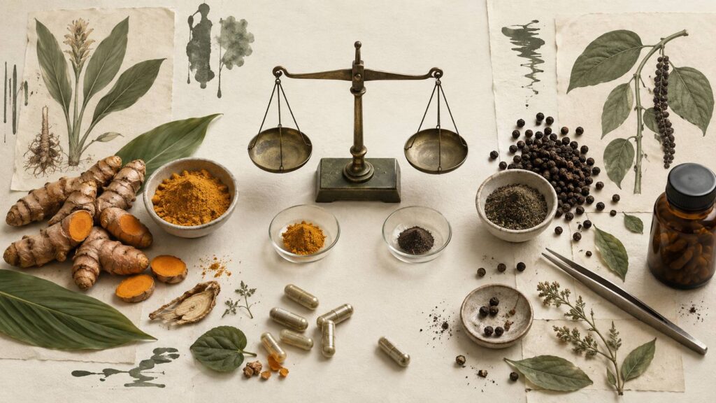 Illustration éditoriale du sujet : Curcuma e piperina: perché la dose è dichiarata così