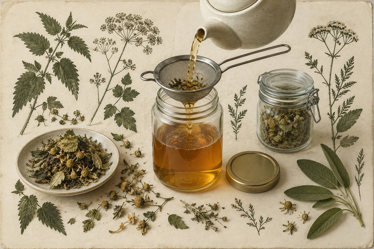 Illustration éditoriale du sujet : Filtrare e conservare una tisana preparata in casa