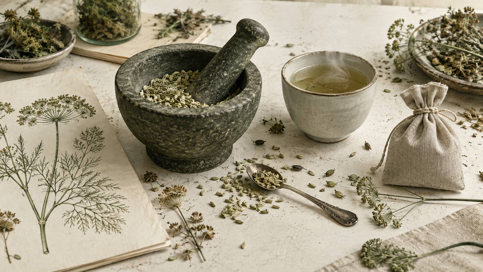 Infusion de fenouil avec graines entieres et broyees dans une coupelle