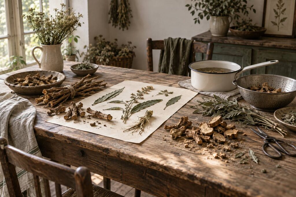 Racines de gentiane sechees et casserole en email sur une table en bois