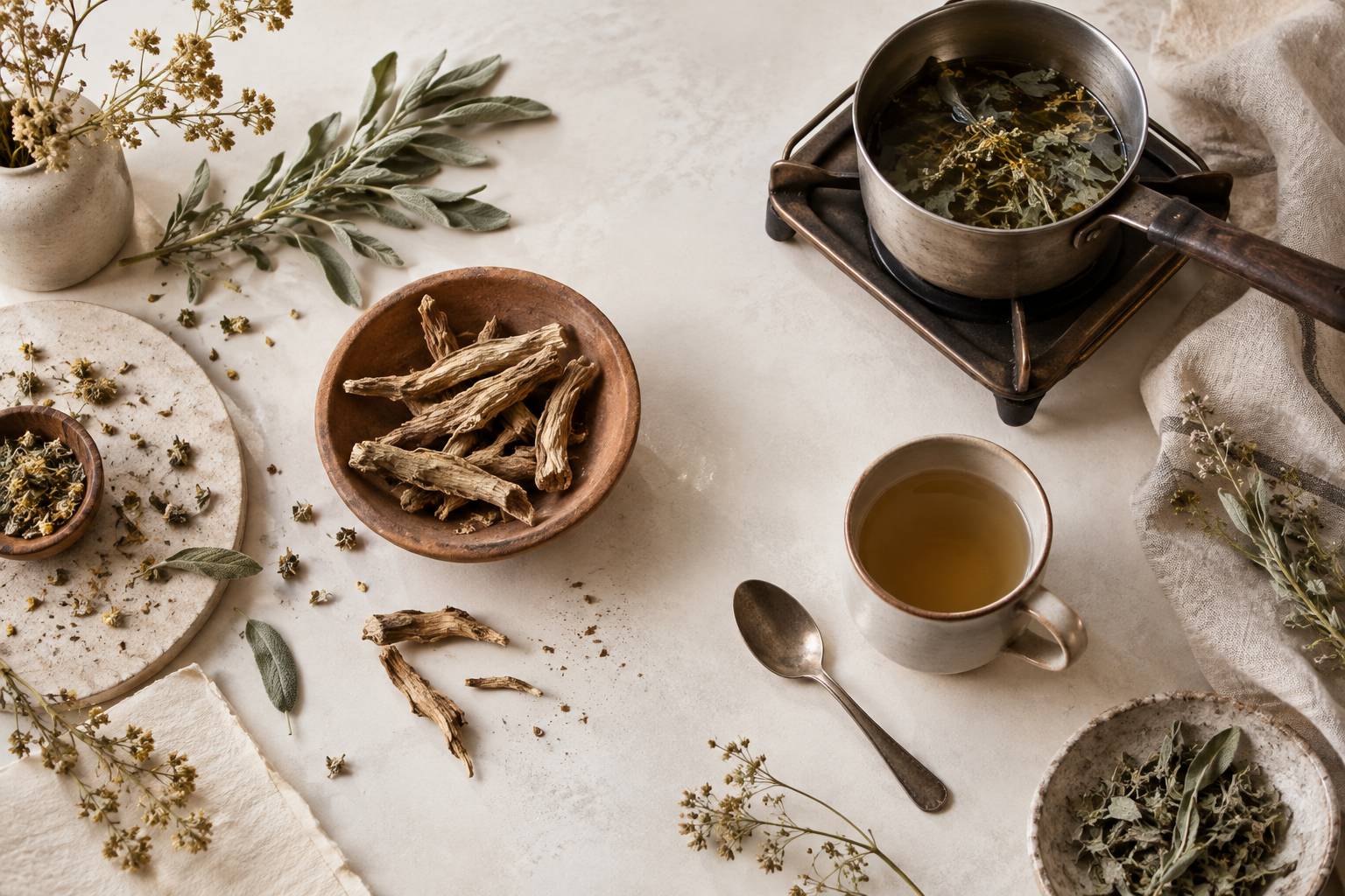Racines sechees en coupelle et petite casserole sur un plan de travail