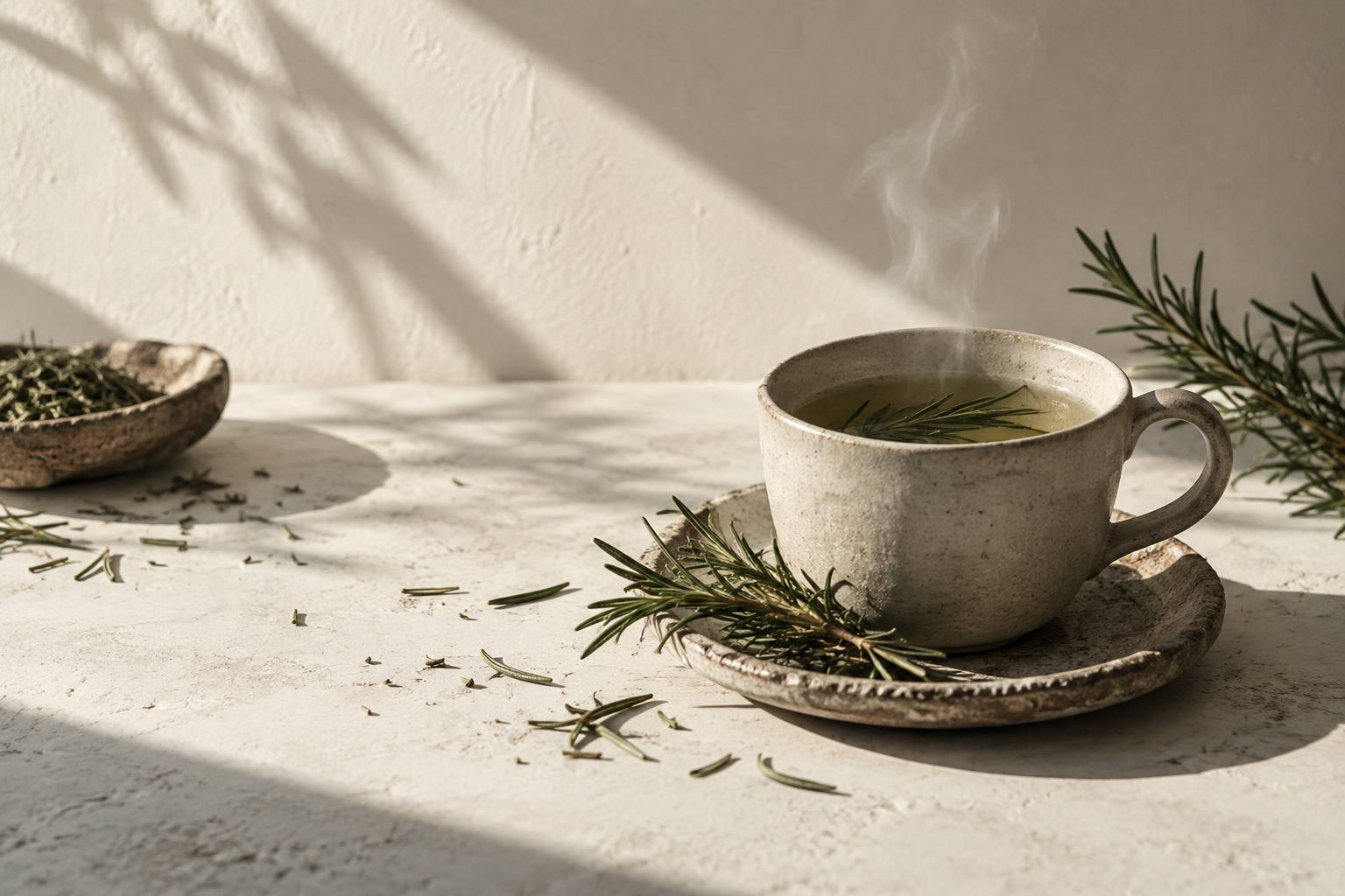 Tasse de tisane de romarin avec brins seches sur une soucoupe en pierre