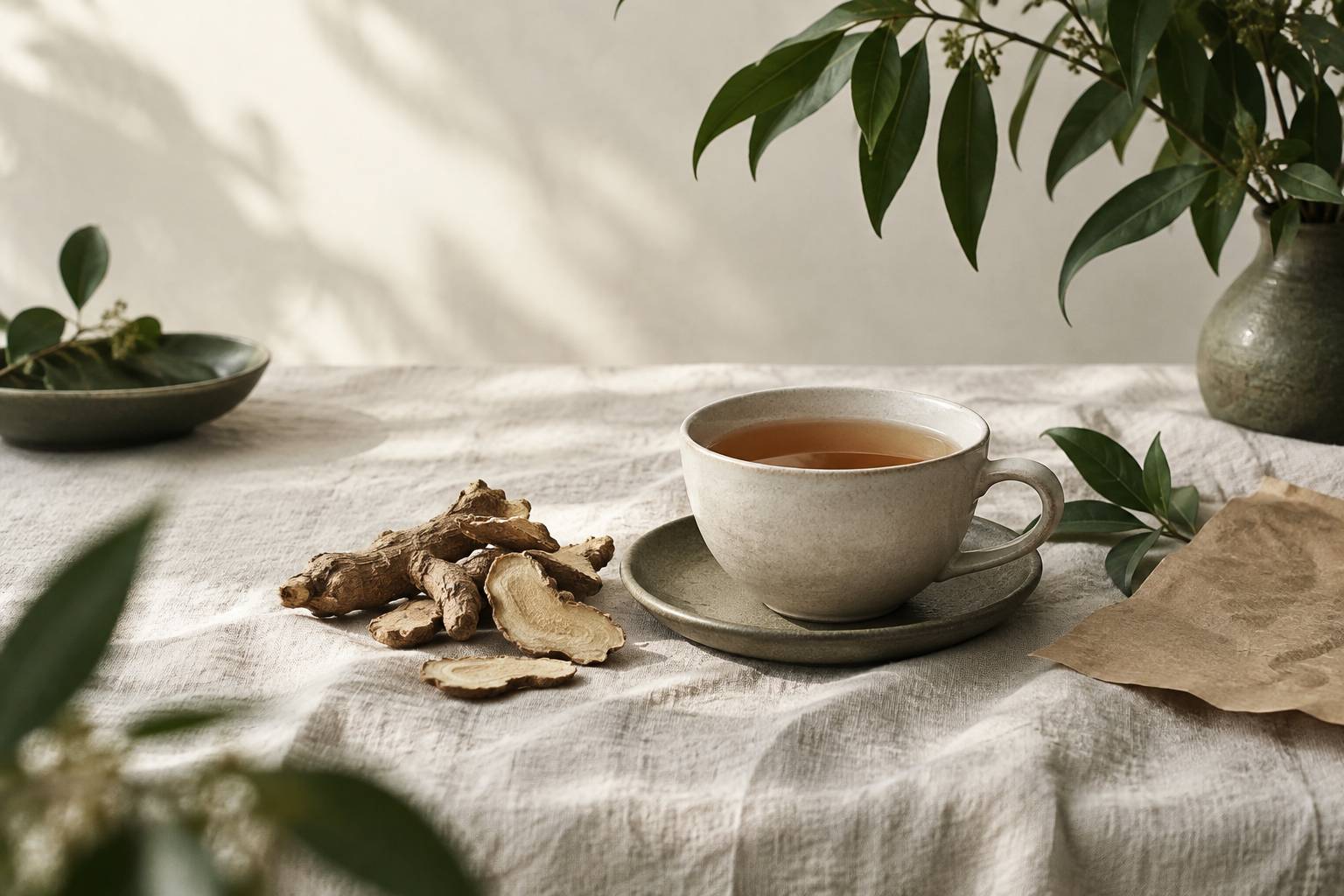 Tasse d'infusion ambree avec morceaux de racine sechee sur lin