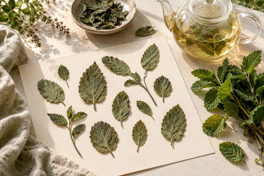 Feuilles entieres de menthe poivree sechees sur papier clair pres d'une theiere