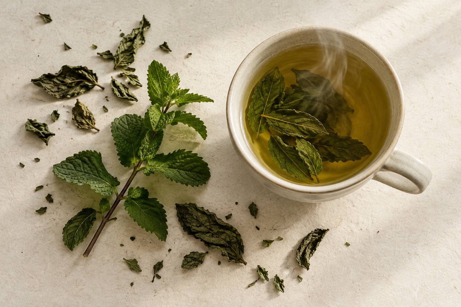 Infusion de menthe poivree dans une tasse avec feuilles entieres posees a cote
