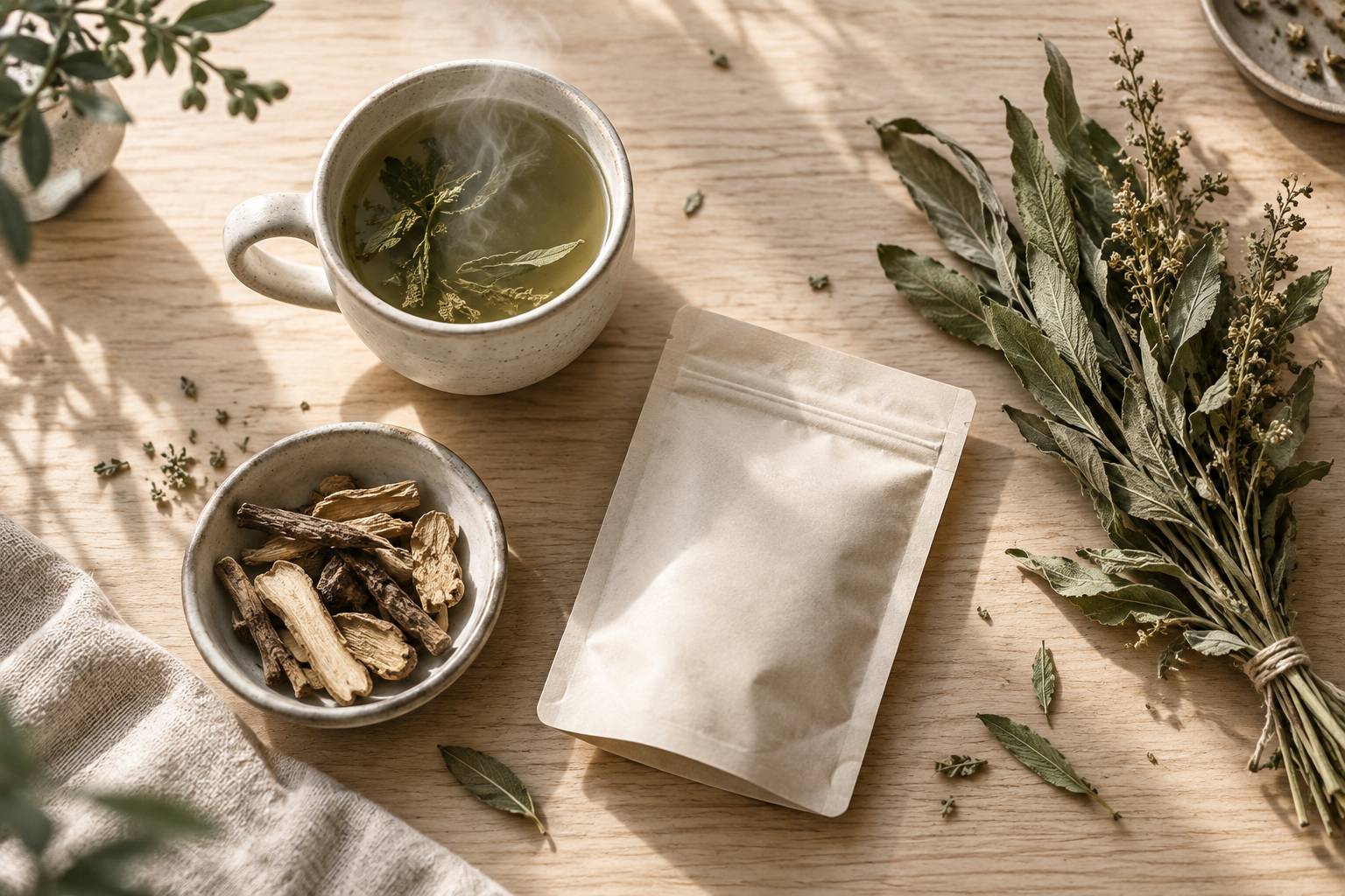 Tasse d'infusion et coupelle de racines sechees sur une table claire