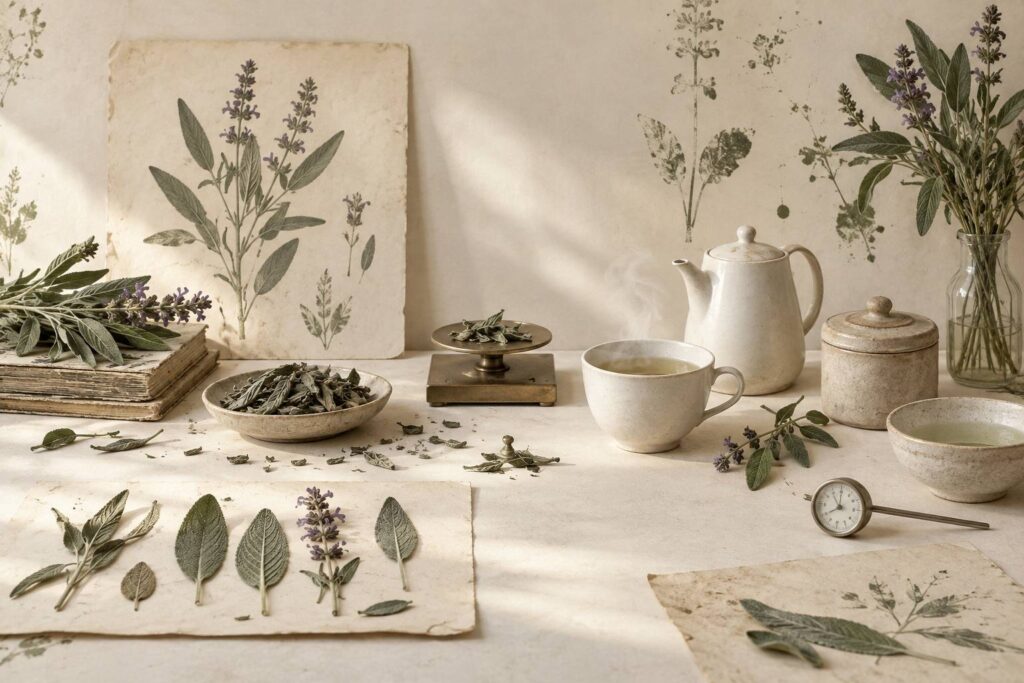 Illustration éditoriale du sujet : Salvia: infuso, gargarismi e limiti d'uso