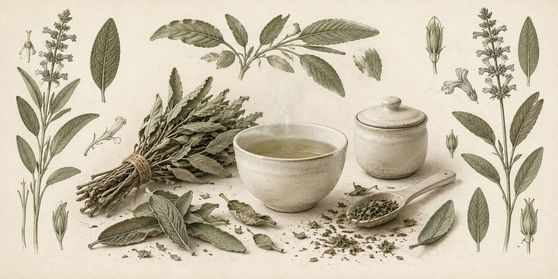 Illustration éditoriale du sujet : Salvia: infuso, gargarismi e limiti d'uso