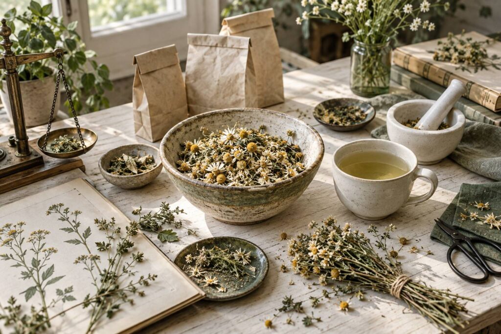 Bol de fleurs sechees d'achillee et tasse d'infusion en herboristerie