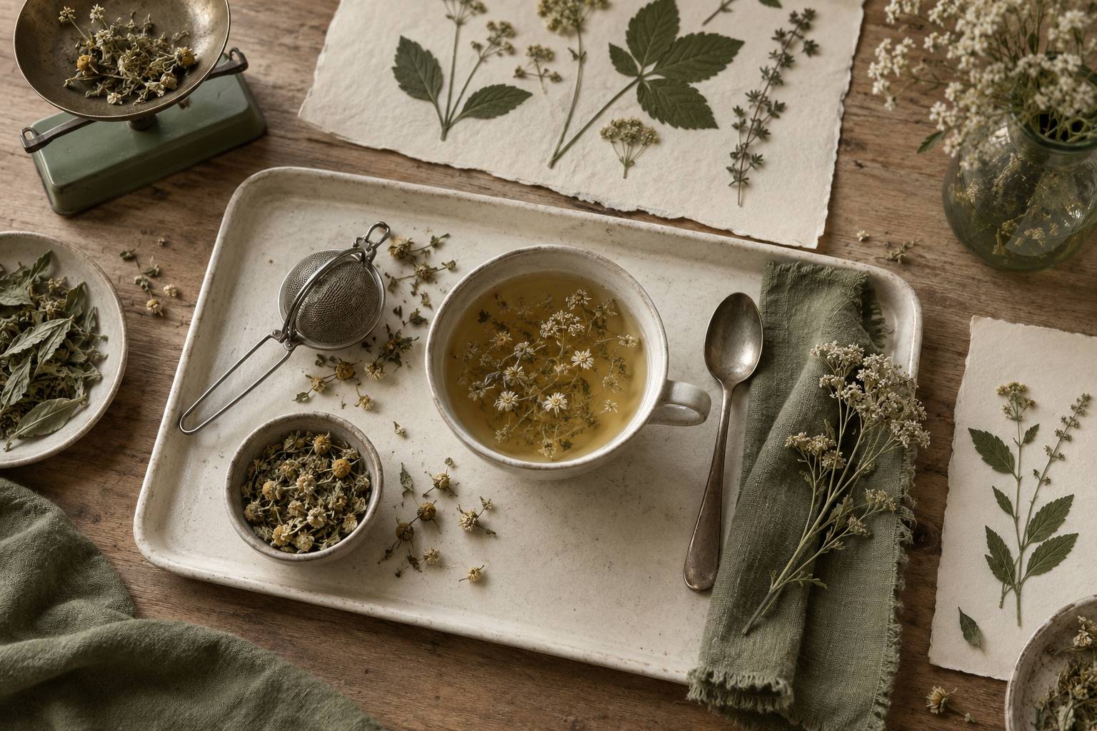 Tasse d'infusion avec fleurs sechees, filtre et balance sur un plateau