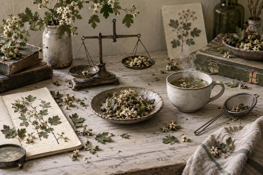 Fleurs et feuilles séchées d'aubépine avec tasse d'infusion et balance