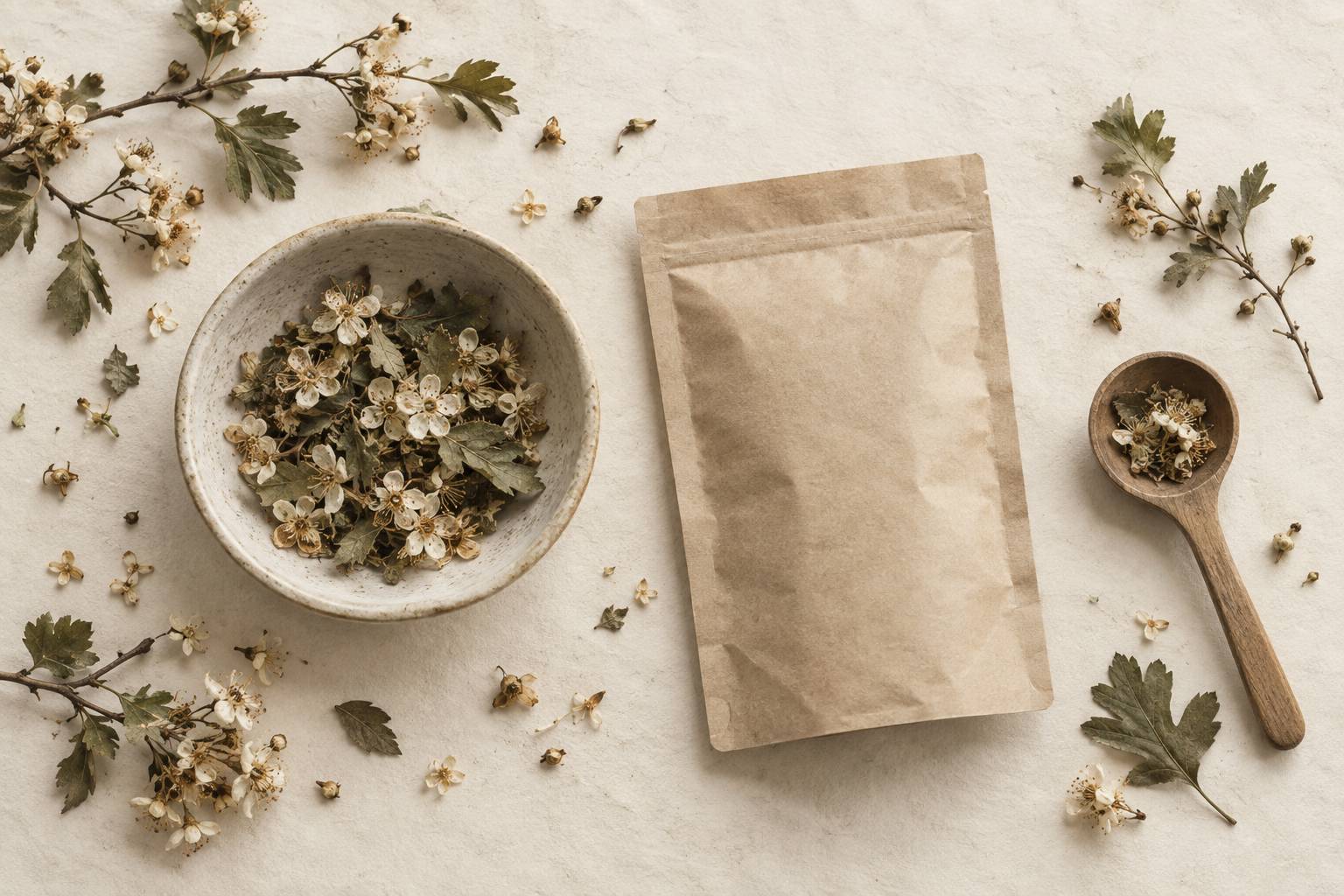 Fleurs séchées d'aubépine, sachet kraft et cuillère doseuse sur un plan de travail