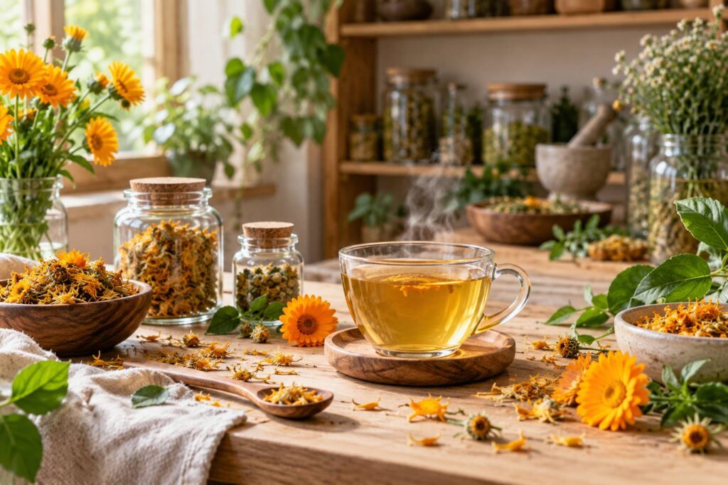 Tasse de tisane entourée de capitules et pétales de souci séchés sur un comptoir