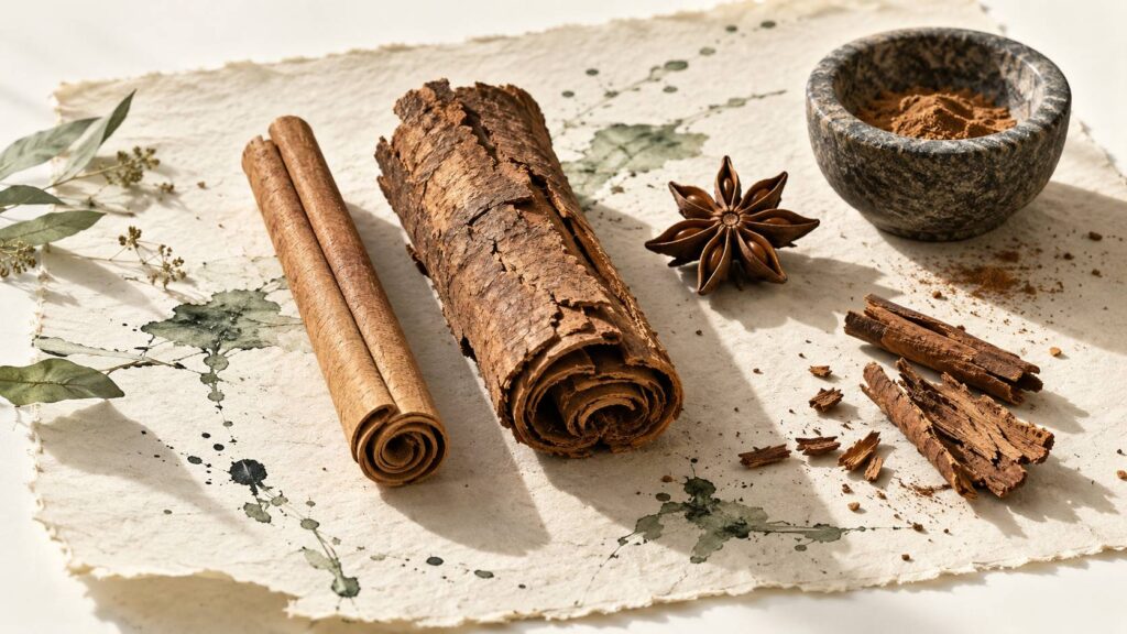 Deux rouleaux d'écorce de cannelle, badiane et mortier sur une feuille d'herbier