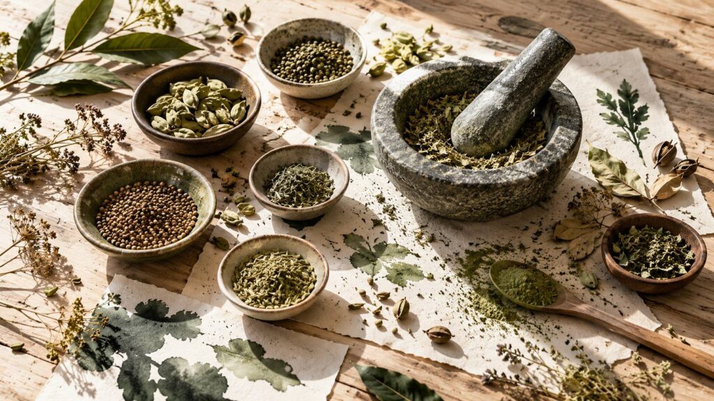 Bols de gousses et graines de cardamome avec un mortier de pierre