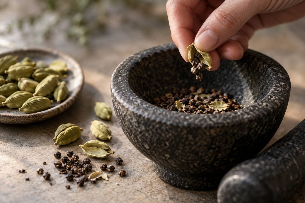 Illustration de détail sur le sujet : Cardamomo: capsule intere o semi, la resa a confronto