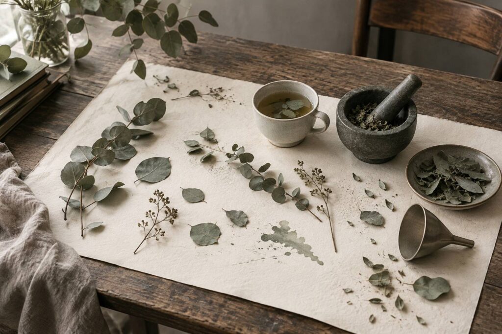 Feuilles d'eucalyptus séchées et tasse sur une table