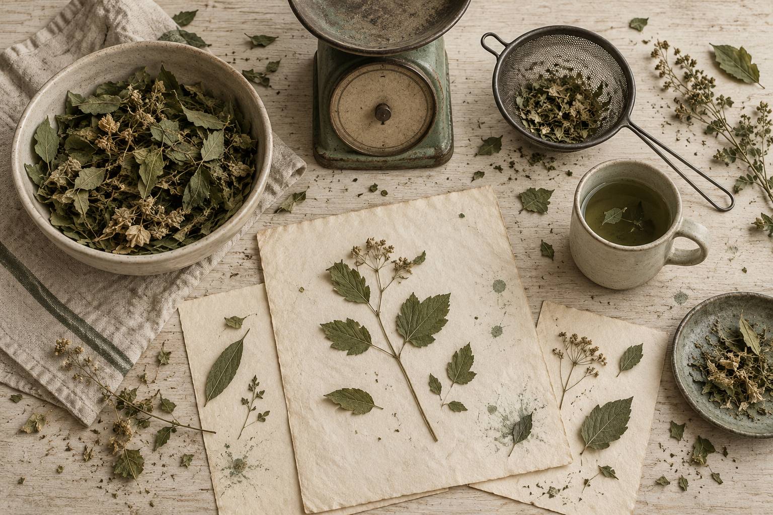 Feuilles séchées, bol et passoire pour une infusion