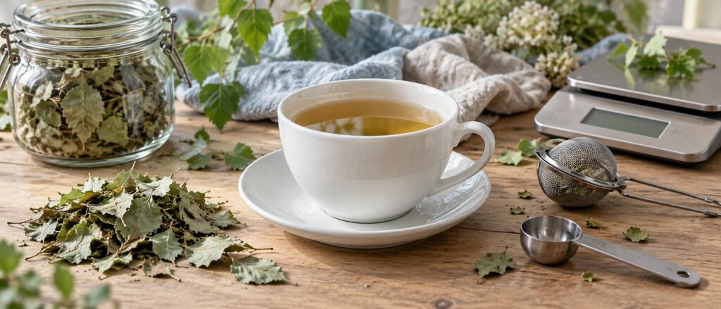 Tasse de tisane claire avec feuilles de bouleau séchées et petite balance sur un plan de bois