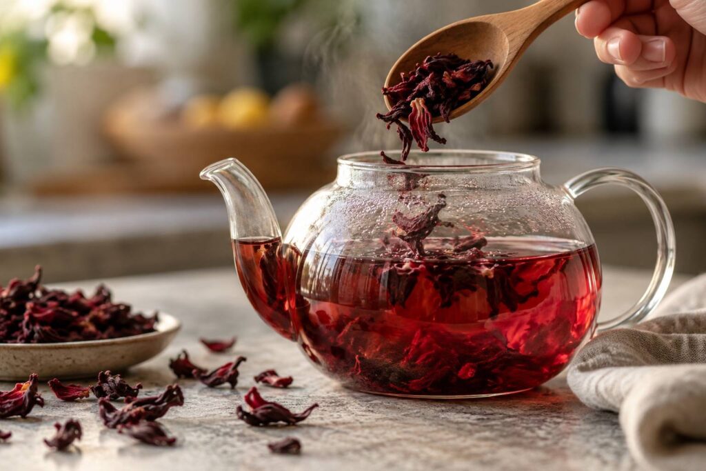 Plan de détail illustrant le sujet de l'article : Karkadè: calici di ibisco, dose e tempo di infusione