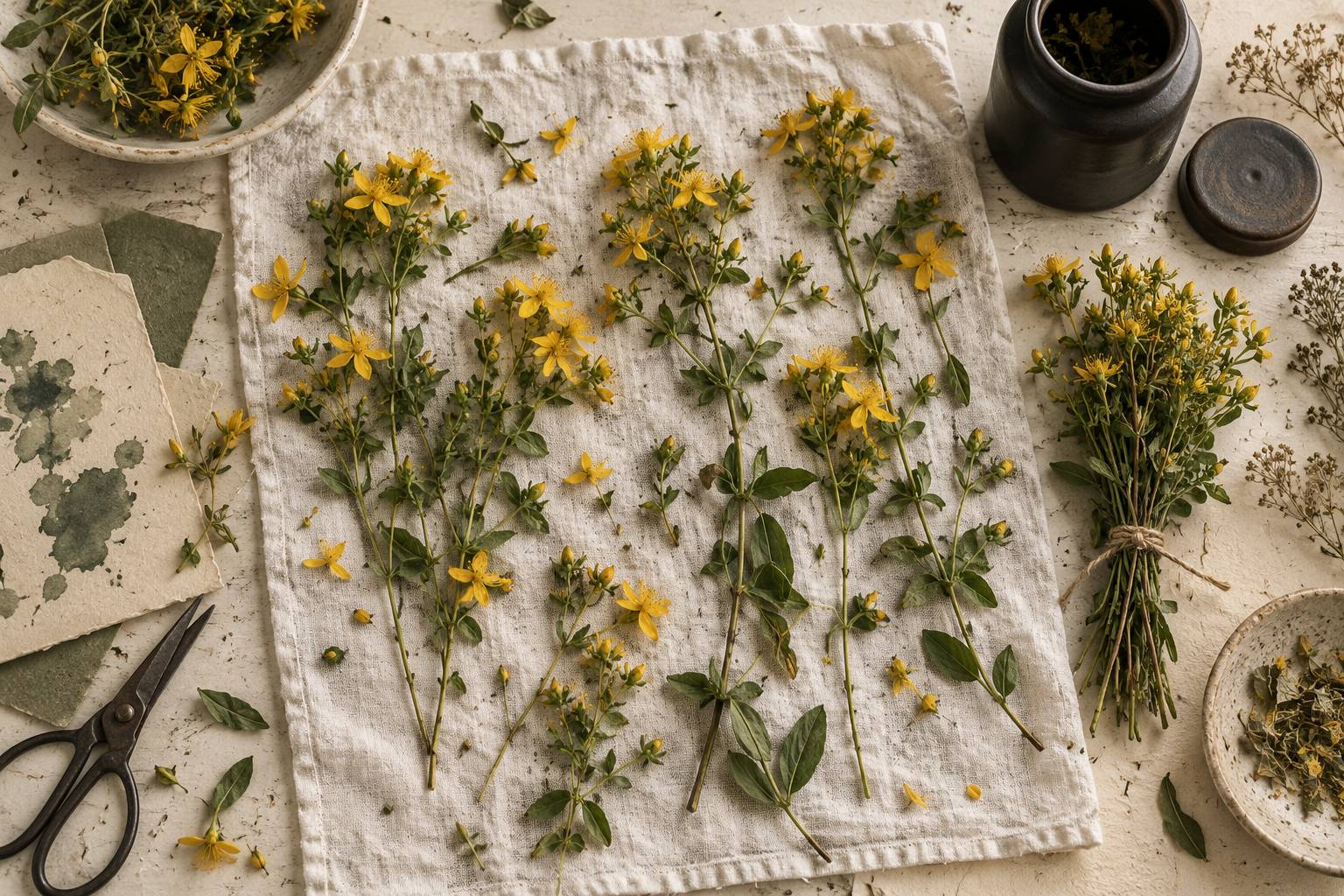 Fleurs jaunes de millepertuis fraiches etalees a secher sur un linge clair