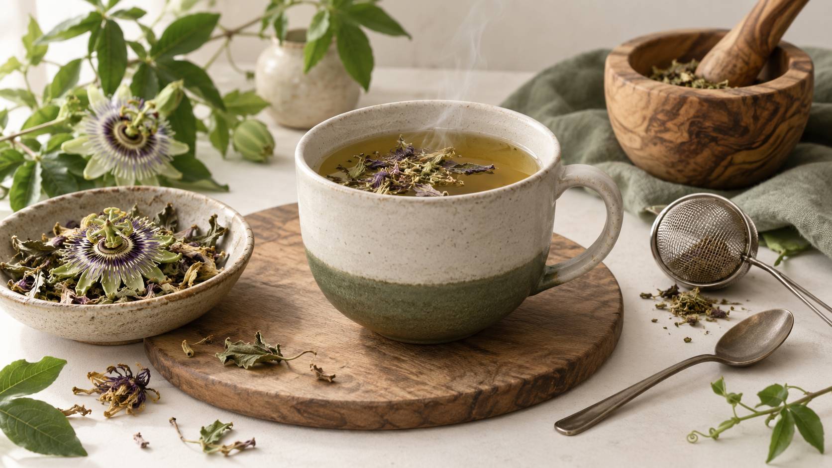 Tasse d'infusion de passiflore avec fleurs sechees et passoire