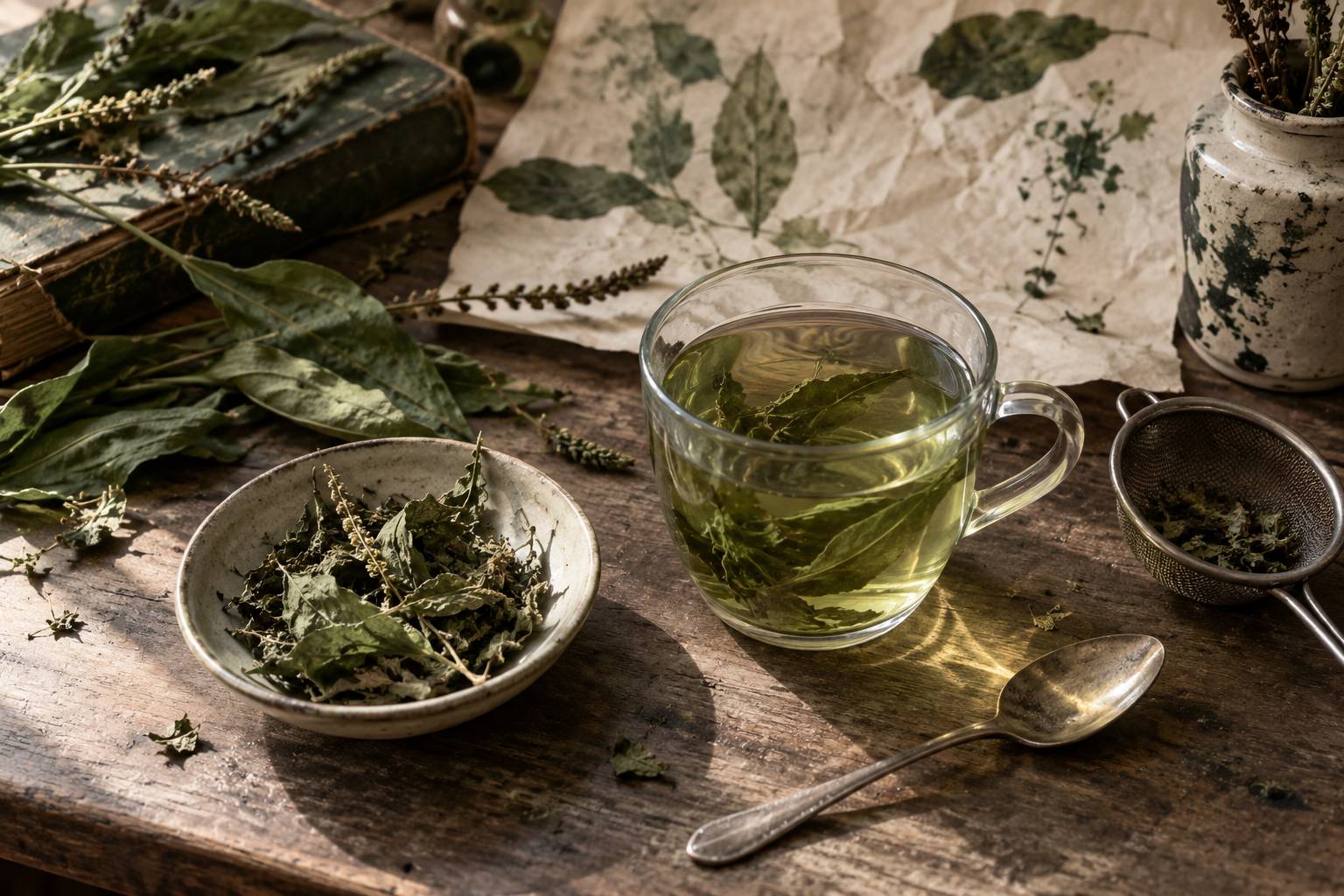Tasse d'infusion de plantain et feuilles sechees sur une table en bois