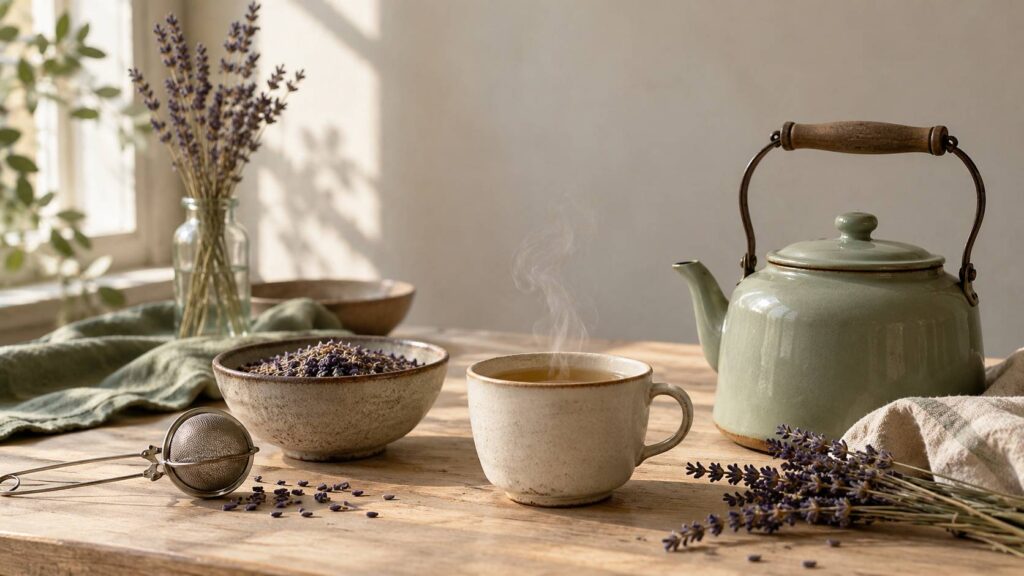 Tasse de tisane avec fleurs de lavande séchées et passoire sur une table en bois