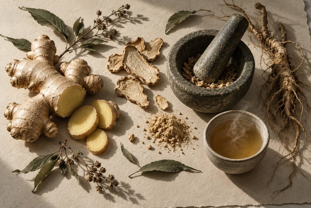 Gingembre frais et séché avec mortier et tasse de décoction sur papier